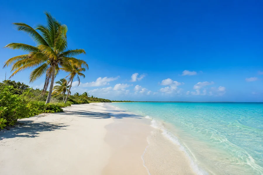 White-sand beach in Cayo Santa María, Cuba, with turquoise water and palm trees