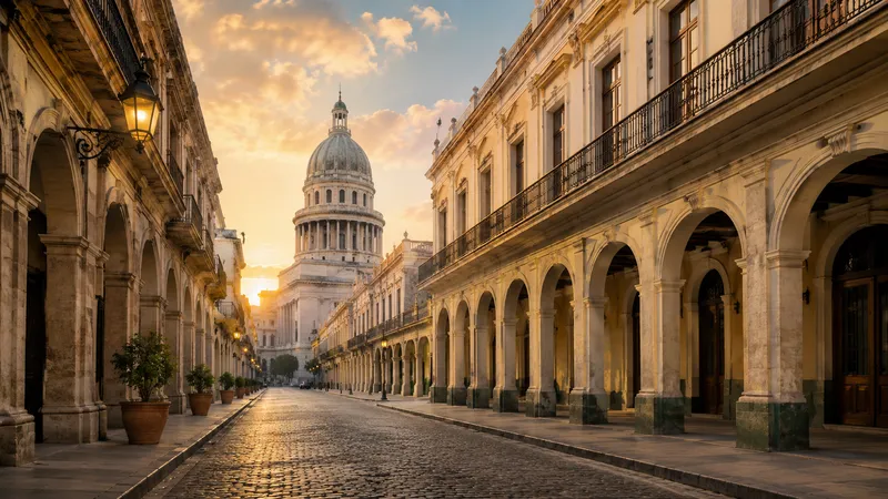 Historic colonial street in Havana with arches, balconies and the Capitolio in the background