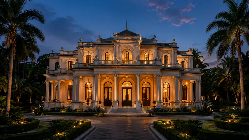 Elegant Havana mansion illuminated at twilight with palm trees and classic colonial architecture