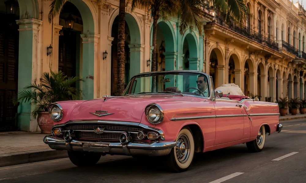 Pink vintage convertible car driving through Havana, Cuba