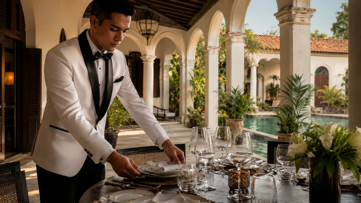 Elegant waiter setting a dining table in a colonial luxury villa with pool and tropical courtyard in Cuba