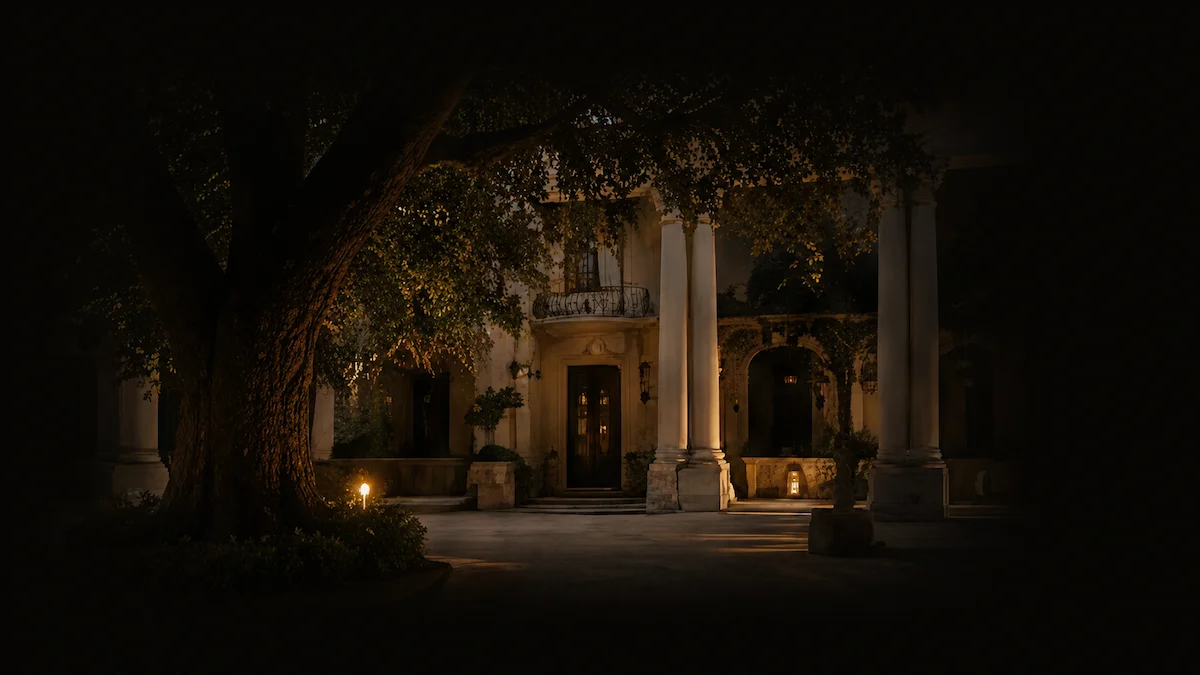 Elegant colonial mansion in Cuba illuminated at night beneath a centuries-old tree, representing DiamondCuba's private luxury travel and villa collection.