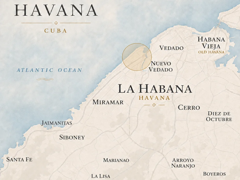 Illustrated map of Havana highlighting Miramar area
