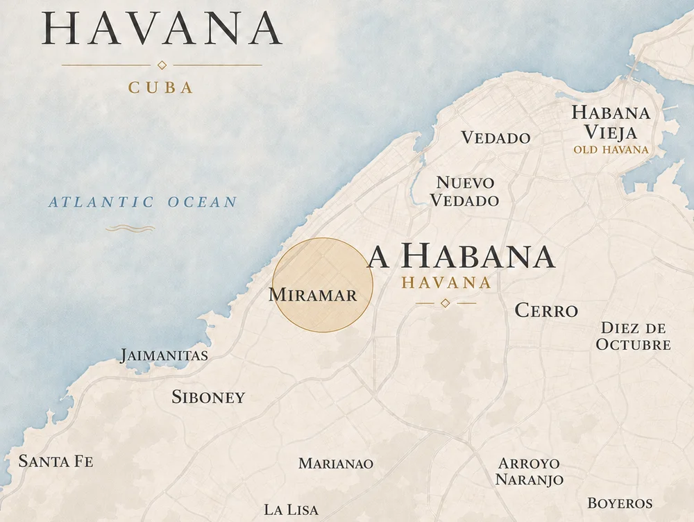 Illustrated map of Havana highlighting Miramar