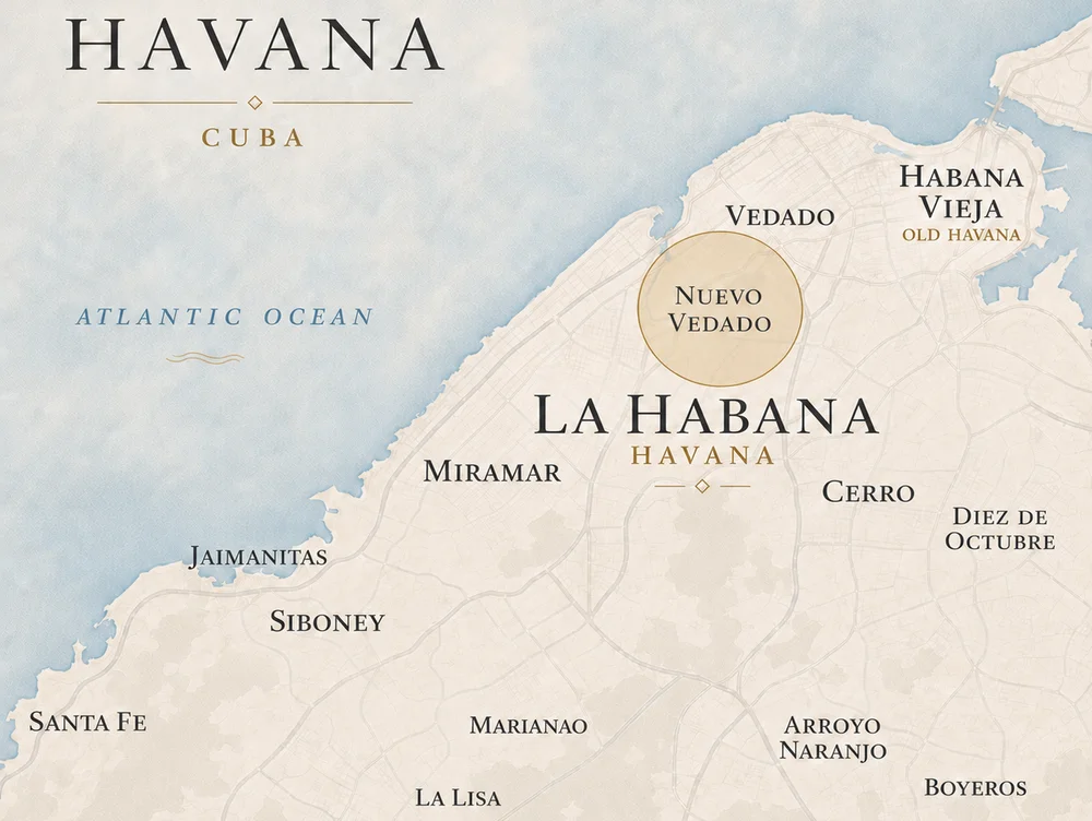 Illustrated map of Havana highlighting Nuevo Vedado