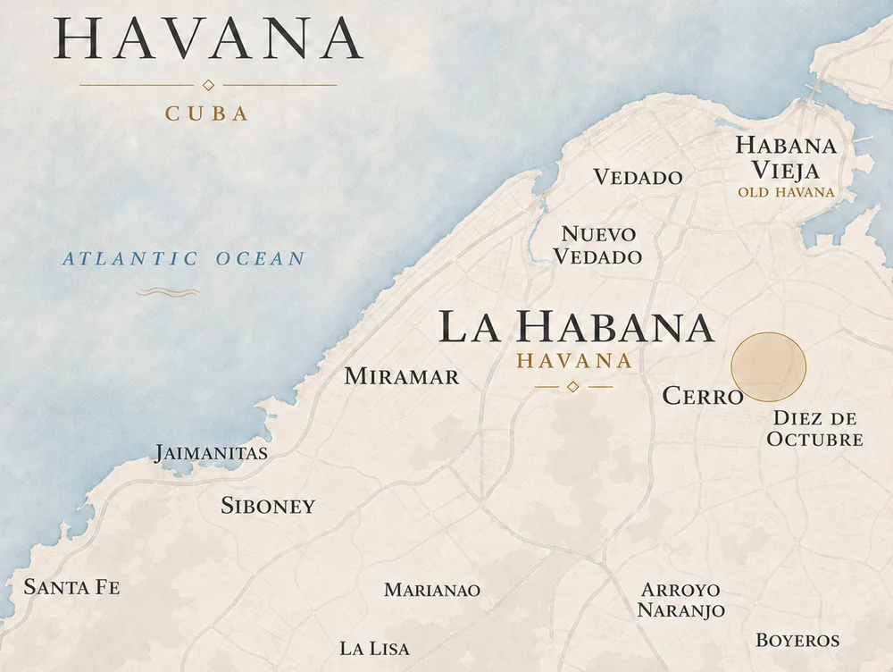 Illustrated map of Havana highlighting Vibora